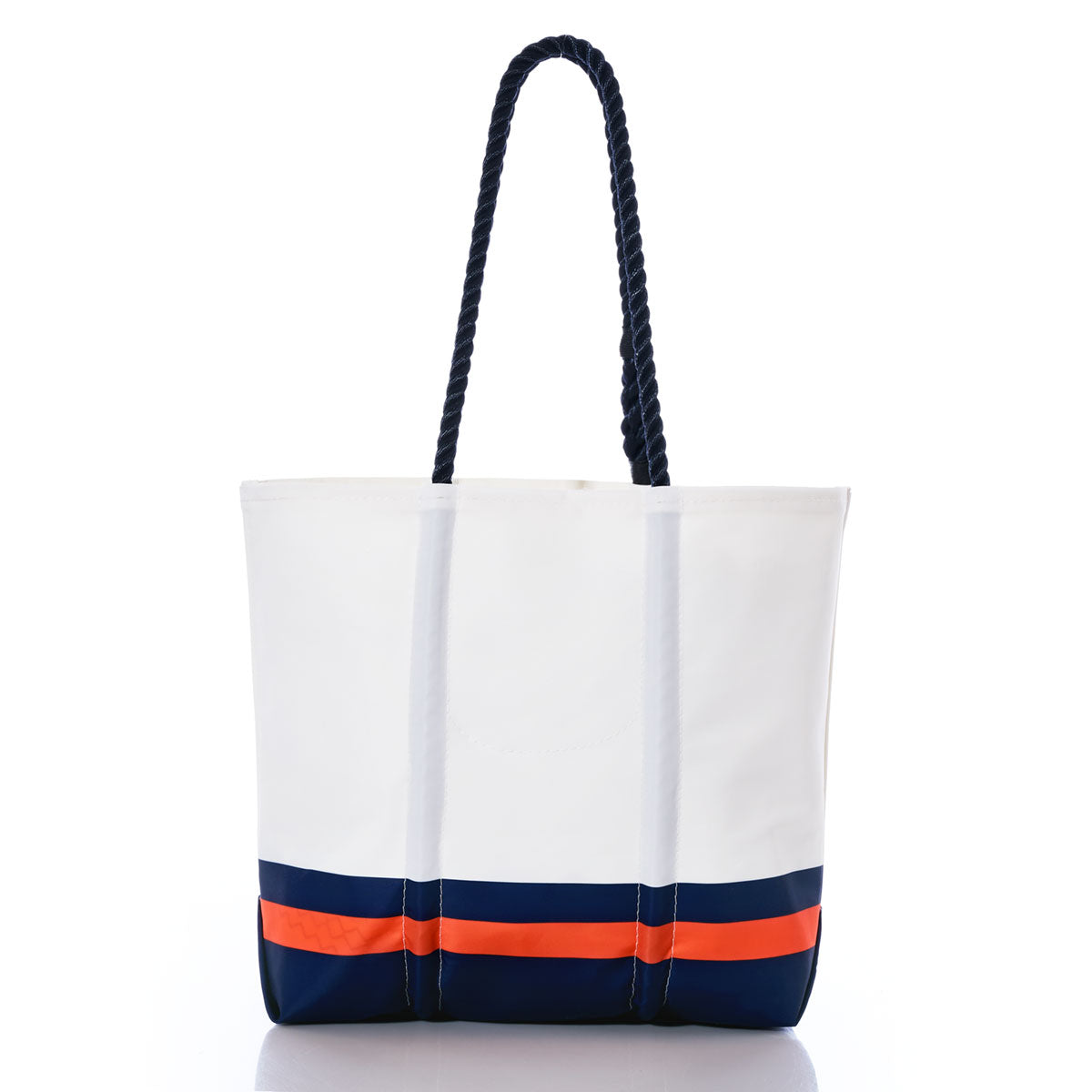 Sea Bags Denver Broncos Medium Tote—crafted from recycled sail cloth, this white tote features bold navy blue and orange horizontal stripes at the bottom and two dark rope handles, offering a stylish tribute to the Broncos’ colors. by Sea Bags