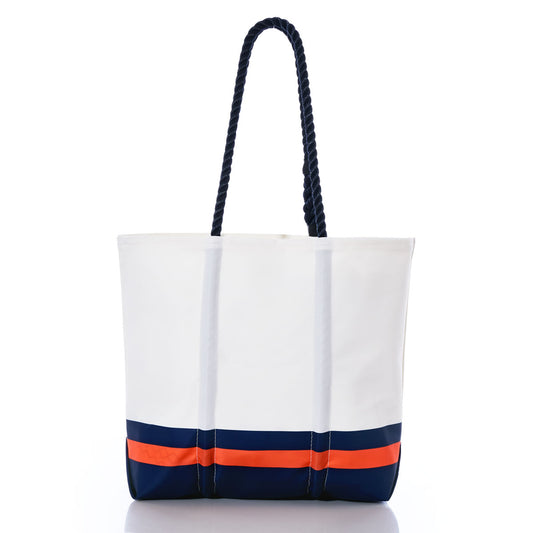 Sea Bags Denver Broncos Medium Tote—crafted from recycled sail cloth, this white tote features bold navy blue and orange horizontal stripes at the bottom and two dark rope handles, offering a stylish tribute to the Broncos’ colors. by Sea Bags
