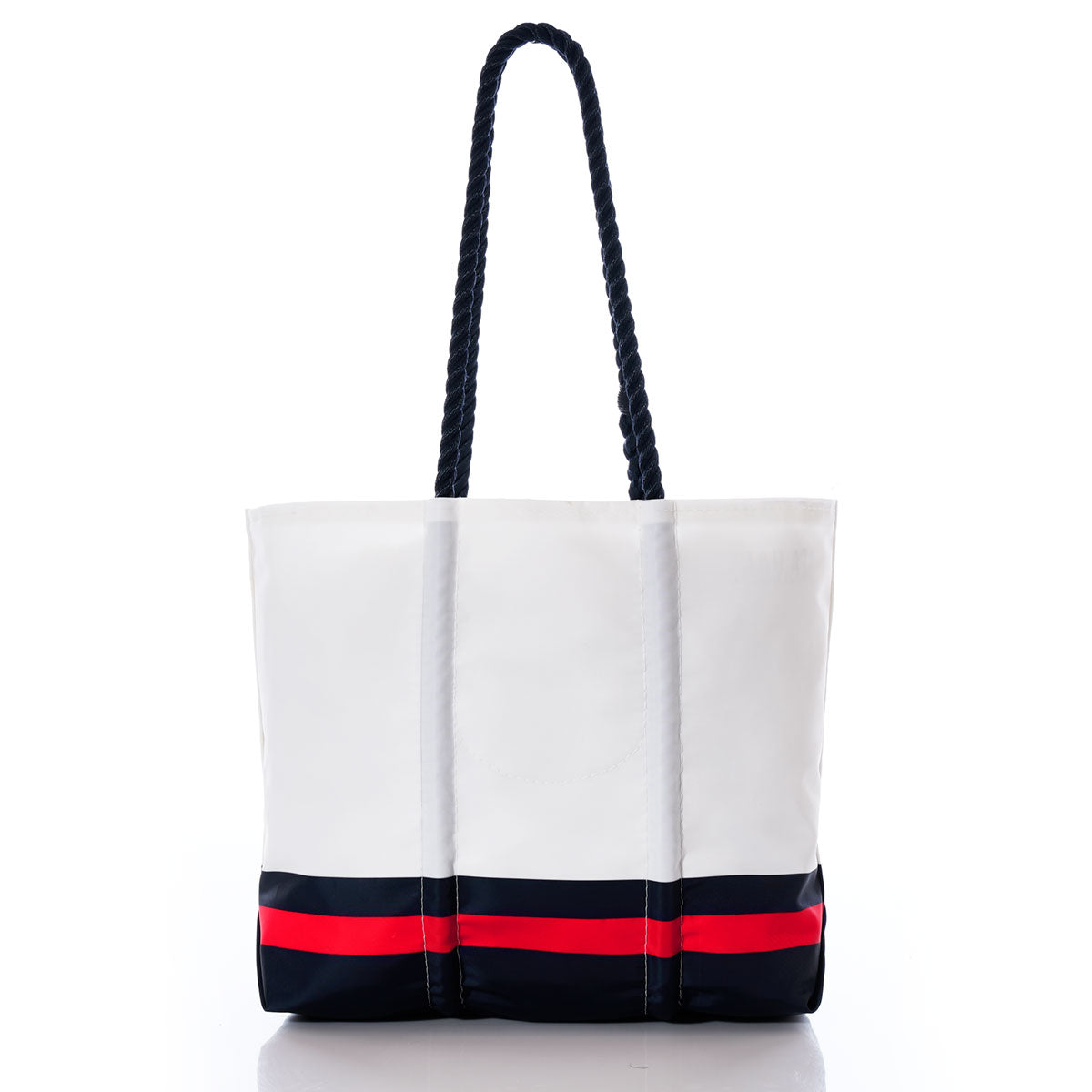 The Houston Texans Medium Tote by Sea Bags is a white tote bag crafted from recycled sail cloth, featuring black rope handles and accented with bold black and red horizontal stripes near the base. Displayed on a plain white background, this stylish accessory is perfect for any Houston Texans fan’s collection. by Sea Bags