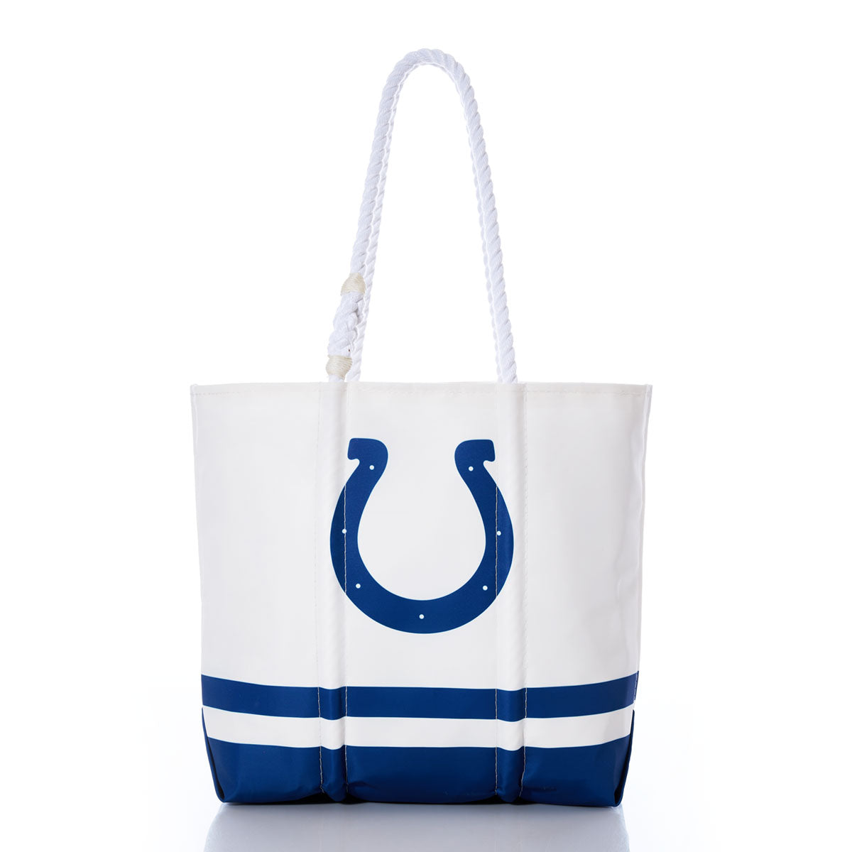 Sea Bags Indianapolis Colts Medium Tote—crafted from recycled sail cloth, this white tote features a bold blue horseshoe graphic inspired by the Colts, two sturdy white rope handles, and blue stripe accents at the bottom; photographed on a white background. by Sea Bags