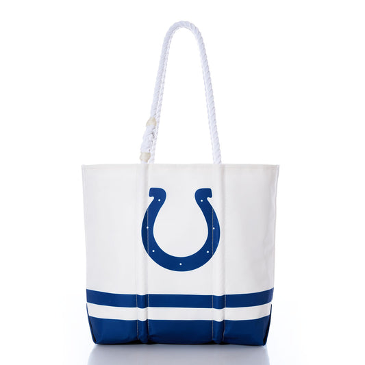 Sea Bags Indianapolis Colts Medium Tote—crafted from recycled sail cloth, this white tote features a bold blue horseshoe graphic inspired by the Colts, two sturdy white rope handles, and blue stripe accents at the bottom; photographed on a white background. by Sea Bags