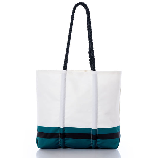 The Sea Bags Jacksonville Jaguars Medium Tote features black rope handles and teal and black stripes near the base, expertly crafted from recycled sail cloth for a one-of-a-kind look—an ideal accessory for any Jaguars fan, shown here against a plain white background. by Sea Bags