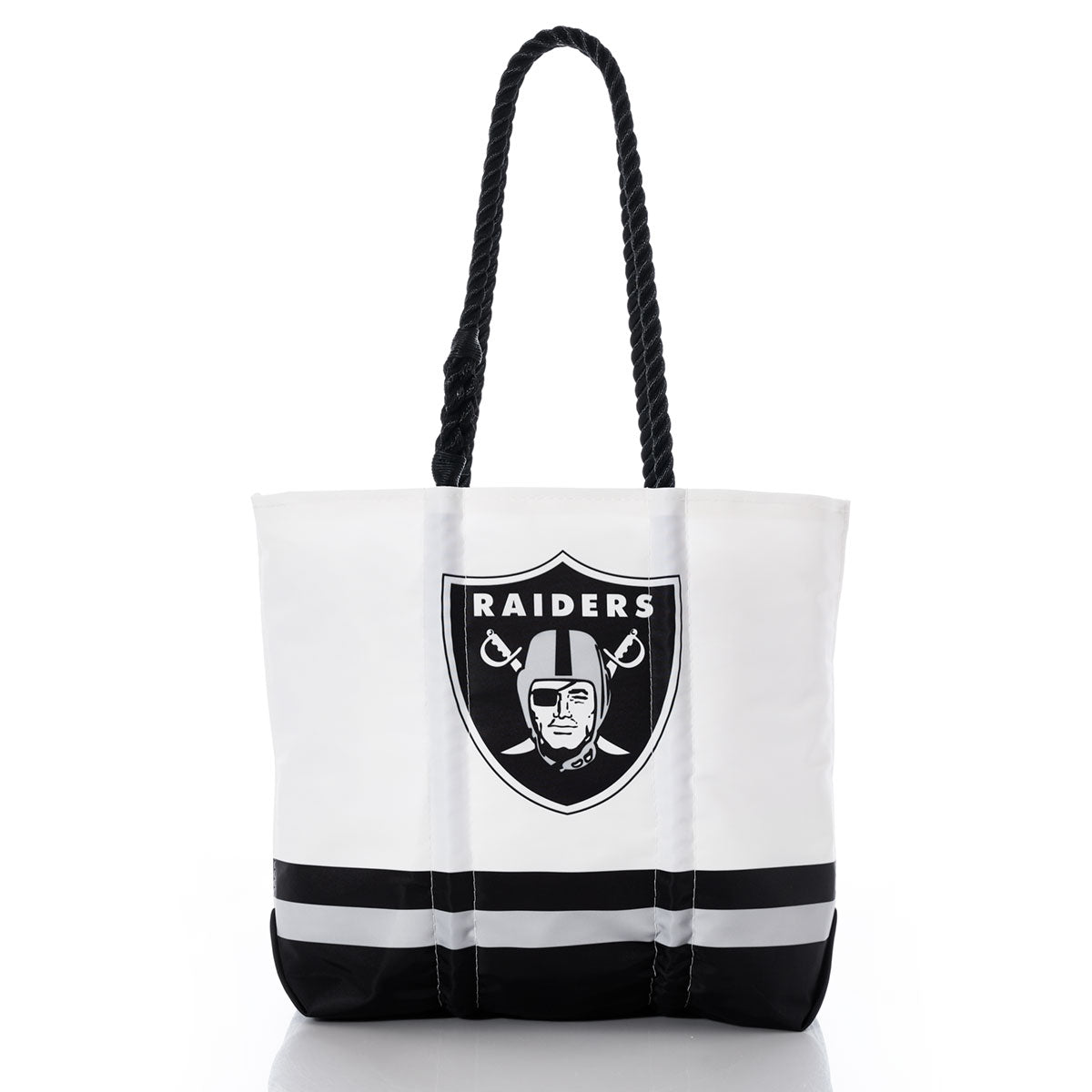 The Sea Bags Las Vegas Raiders Medium Tote is an eco-friendly bag crafted from recycled sail cloth, featuring the Raiders logo on white with black rope handles and two black horizontal stripes near the bottom—all shown on a white background. by Sea Bags