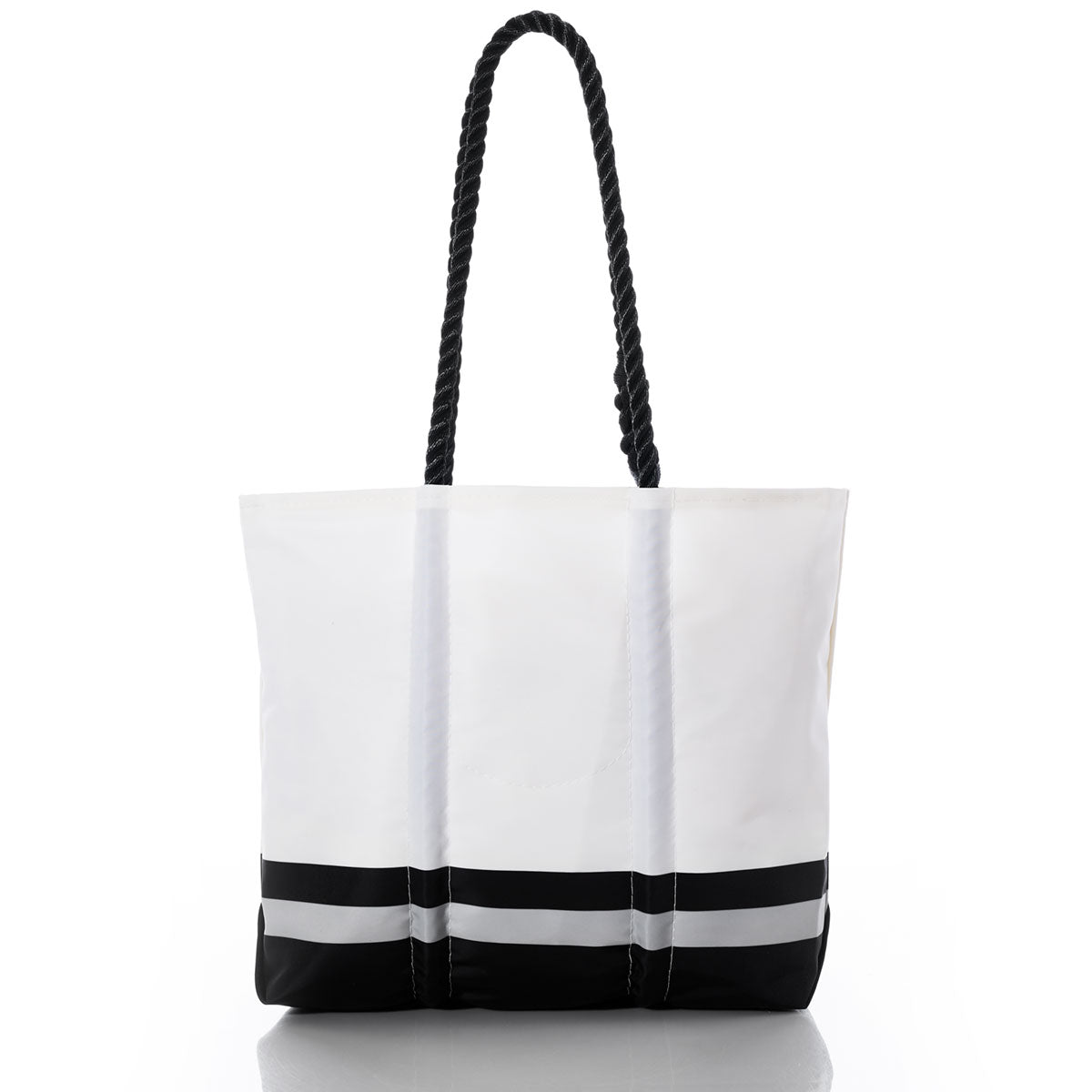 Las Vegas Raiders Medium Tote by Sea Bags, crafted from recycled sail cloth with a black base, two horizontal black stripes, and sturdy black rope handles, displayed on a white background. by Sea Bags