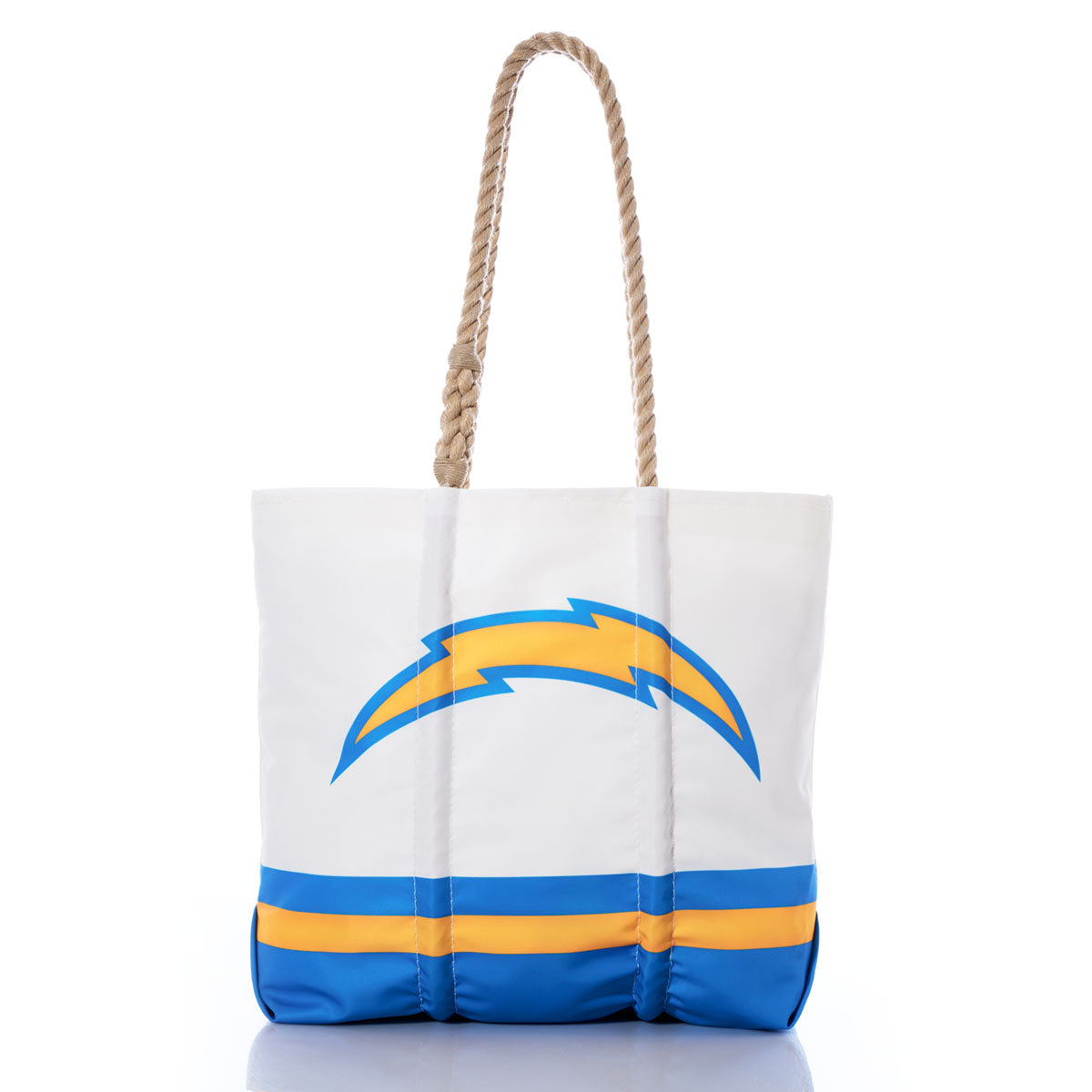 Show your Chargers pride with the Los Angeles Chargers Medium Tote by Sea Bags—a stylish and sustainable white tote crafted from recycled sail cloth, featuring a thick rope handle, bold yellow and blue lightning bolt logo, and blue and yellow stripes at the bottom. Perfect for any fan, this durable bag is displayed on a white background. by Sea Bags