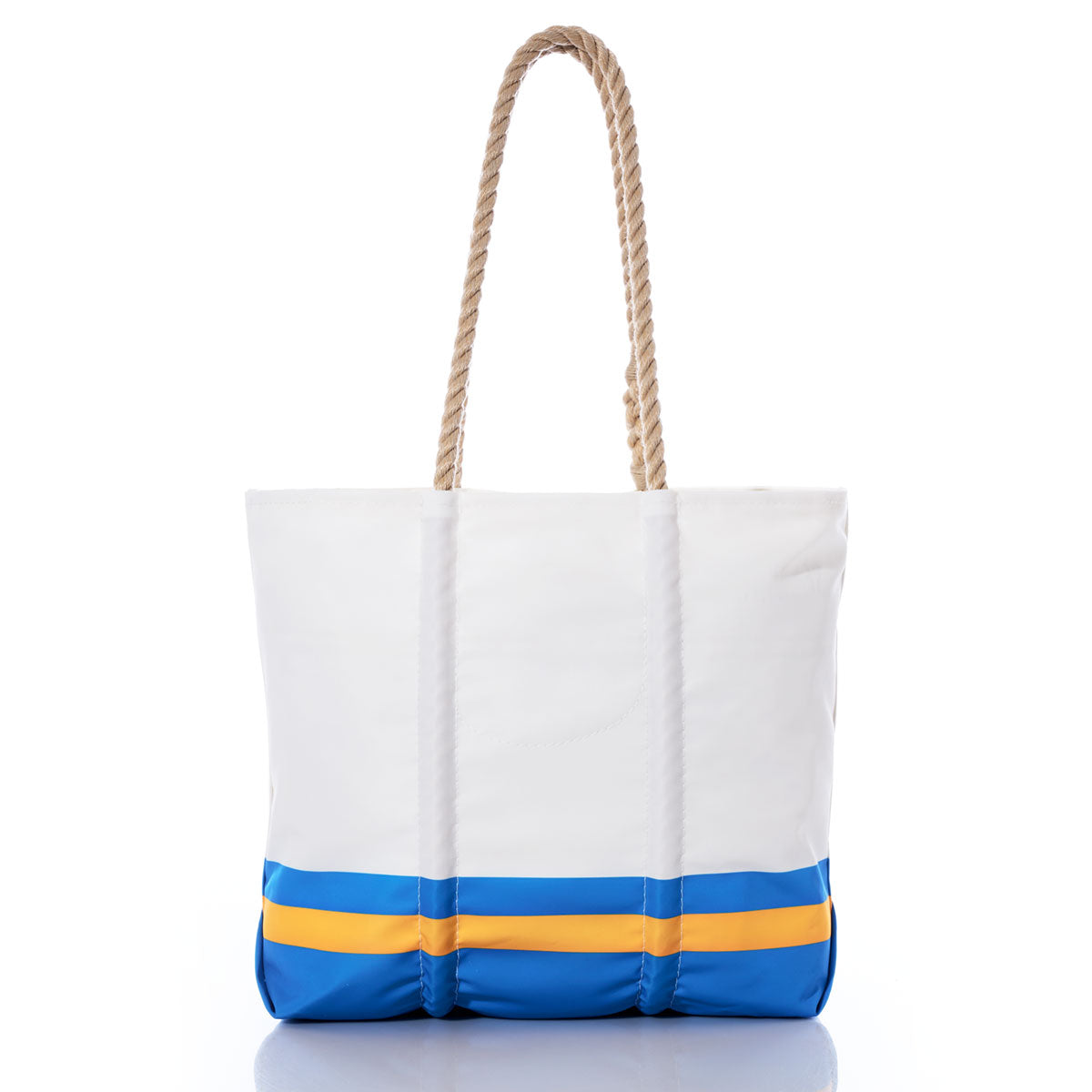 The Los Angeles Chargers Medium Tote by Sea Bags is crafted from white recycled sail cloth and features sturdy rope handles. Blue and yellow stripes near the base highlight its bold Chargers spirit, while the durable and eco-friendly design makes it a perfect choice for fans seeking a stylish, sustainable accessory. Shown against a white background. by Sea Bags