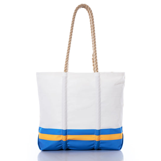 The Los Angeles Chargers Medium Tote by Sea Bags is crafted from white recycled sail cloth and features sturdy rope handles. Blue and yellow stripes near the base highlight its bold Chargers spirit, while the durable and eco-friendly design makes it a perfect choice for fans seeking a stylish, sustainable accessory. Shown against a white background. by Sea Bags