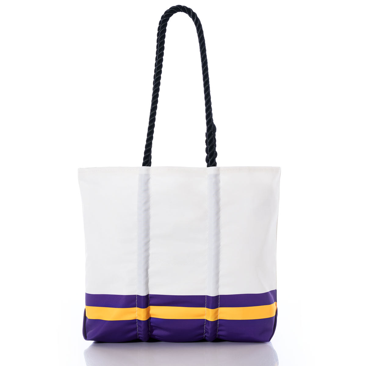 The Minnesota Vikings Medium Tote by Sea Bags is a durable white recycled sail cloth bag with two black rope handles and purple and yellow horizontal stripes near the bottom—a perfect accessory for Vikings fans. by Sea Bags