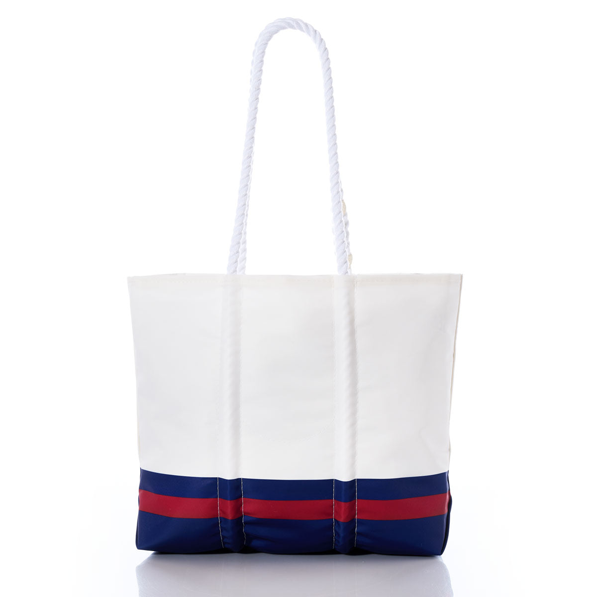 Show your Giants spirit in style with the New York Giants Medium Tote by Sea Bags—a white, recycled sail cloth bag with rope handles, featuring a navy blue base and two bold red horizontal stripes near the bottom. by Sea Bags
