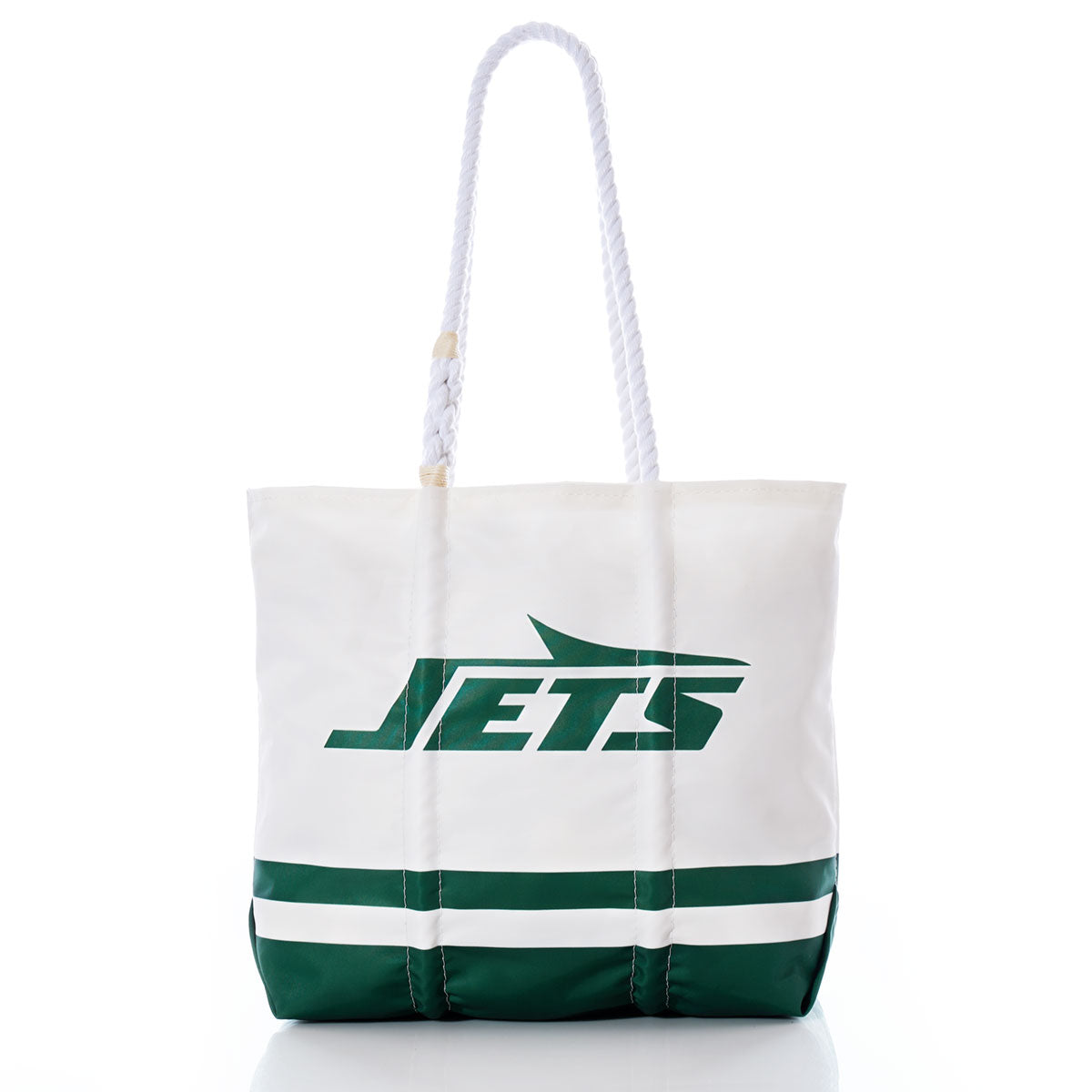 The Sea Bags New York Jets Medium Tote features a white and green design with JETS and a jet graphic printed on the front. It includes sturdy white rope handles and two green stripes near the base. Built for durability, this tote is ideal for everyday use. by Sea Bags