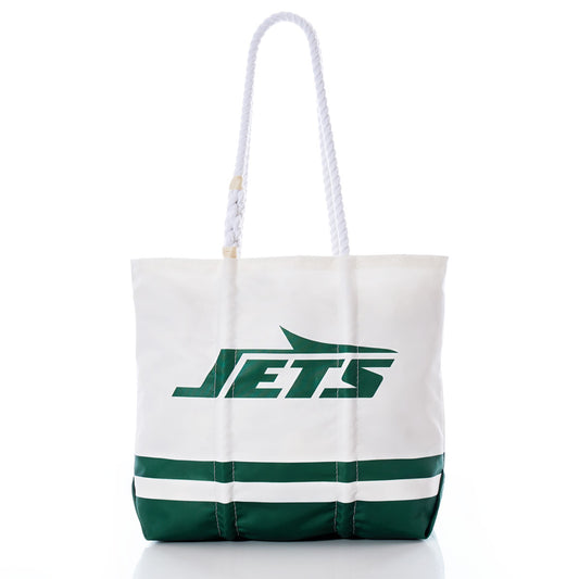 The Sea Bags New York Jets Medium Tote features a white and green design with JETS and a jet graphic printed on the front. It includes sturdy white rope handles and two green stripes near the base. Built for durability, this tote is ideal for everyday use. by Sea Bags