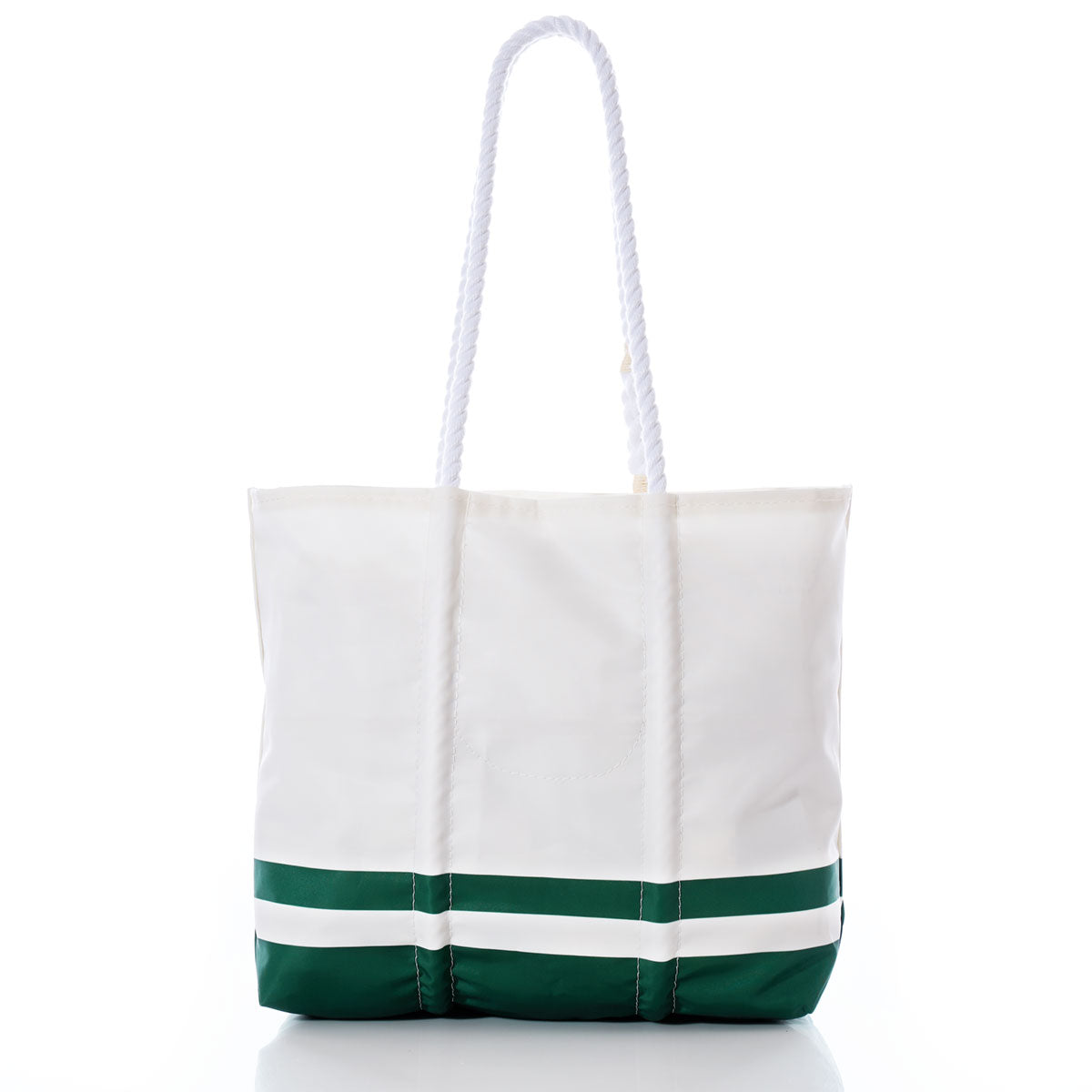 The Sea Bags New York Jets Medium Tote is crafted from recycled sail cloth and features long white rope handles, green and white horizontal stripes near the bottom, and a crisp, eco-friendly design—making it a durable and stylish accessory for any Jets fan, shown here against a clean white background. by Sea Bags