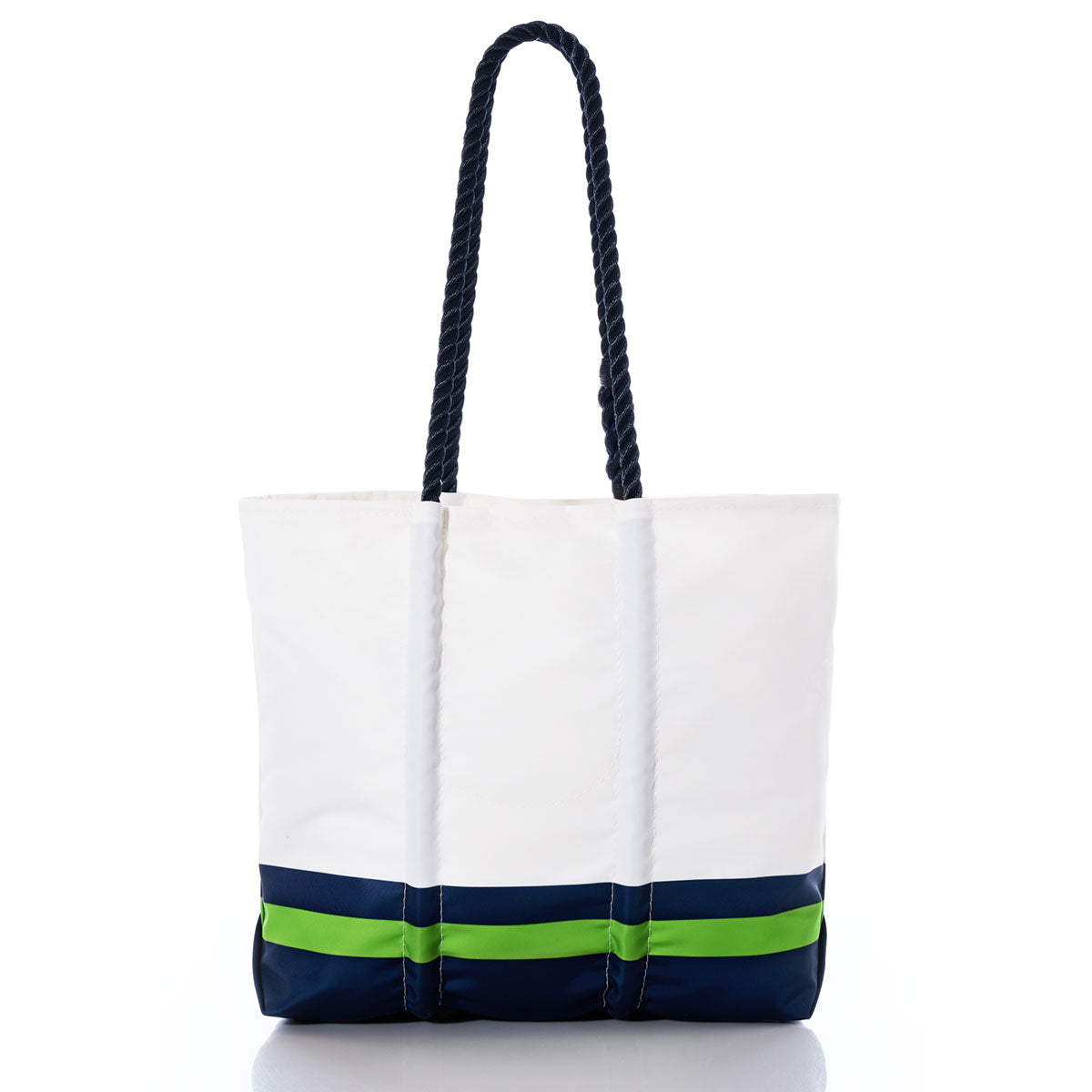Sea Bags Seattle Seahawks Medium Tote featuring navy blue rope handles and navy and green horizontal stripes at the bottom, crafted from recycled sail cloth and shown on a white background. by Sea Bags