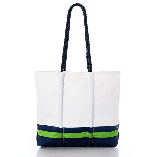 Sea Bags Seattle Seahawks Medium Tote featuring navy blue rope handles and navy and green horizontal stripes at the bottom, crafted from recycled sail cloth and shown on a white background. by Sea Bags
