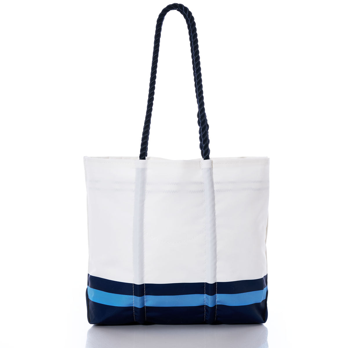 Sea Bags Tennessee Titans Medium Tote featuring two blue horizontal stripes at the bottom and two dark rope handles, crafted from recycled sail cloth for durability, displayed on a plain white background. by Sea Bags