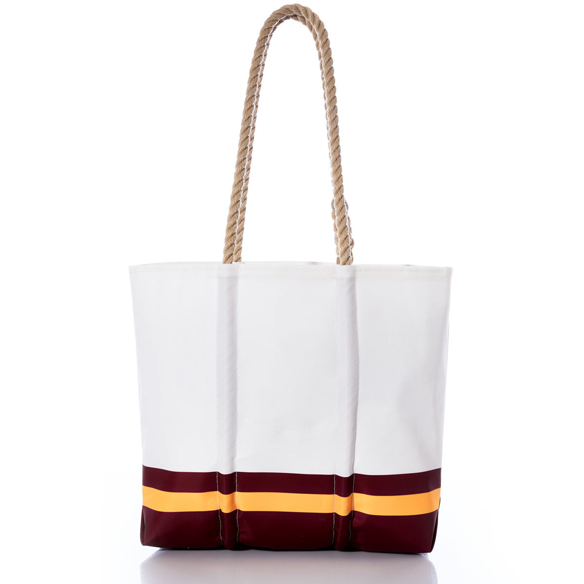 Sea Bags Washington Commanders Medium Tote, crafted from recycled sail cloth, features tan rope handles and bold maroon and yellow horizontal stripes near the bottom, displayed on a white background. by Sea Bags