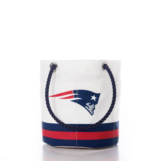 The Sea Bags New England Patriots Beverage Bucket features a white design with navy blue rope handles and bold red and blue stripes at the base—a stylish and sustainable cooler that keeps your drinks cold on game day. by Sea Bags