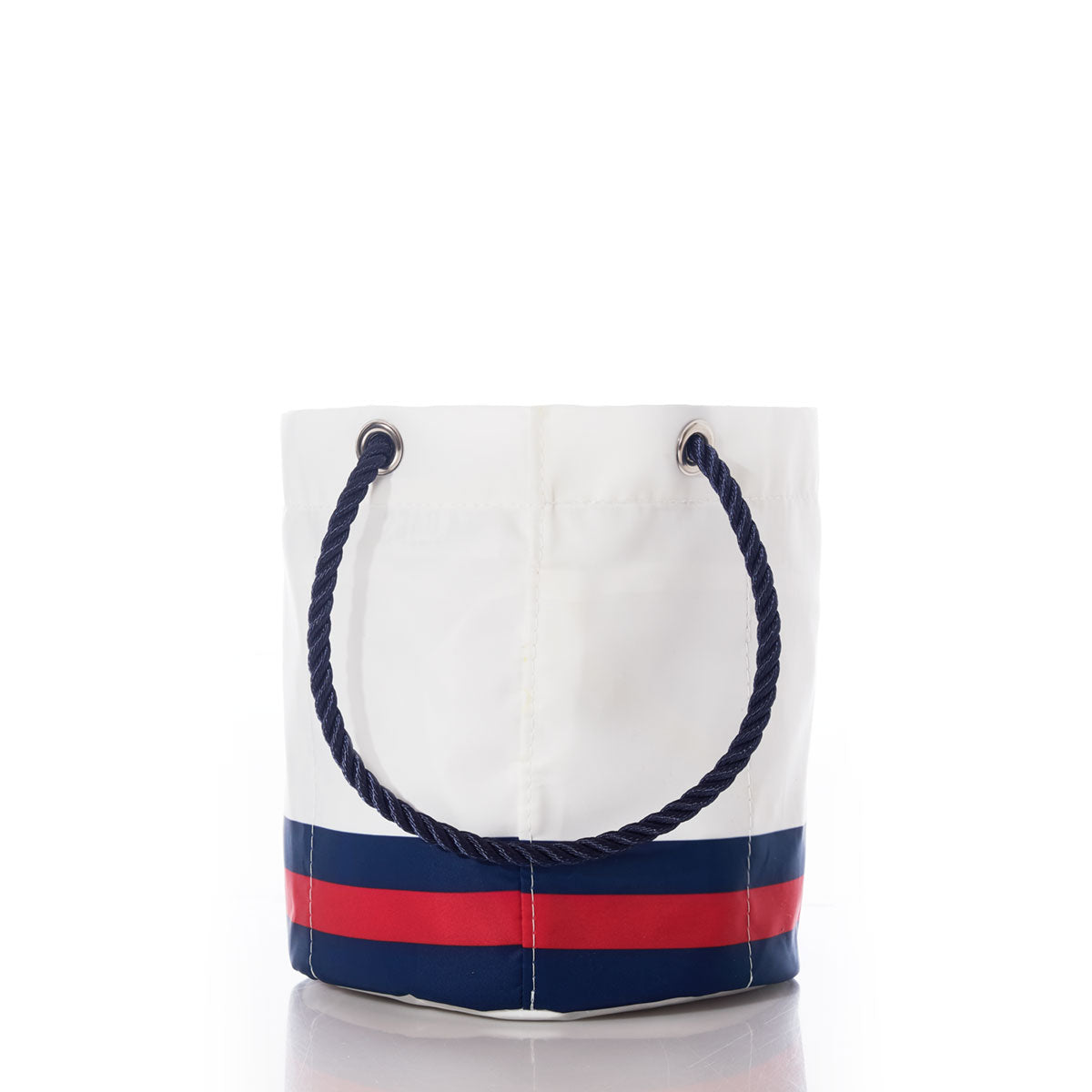The Sea Bags New England Patriots Beverage Bucket features blue rope handles and a striking blue and red stripe near the base; standing upright on a white background, its the perfect sustainable cooler or stylish beverage bucket for your next gathering. by Sea Bags