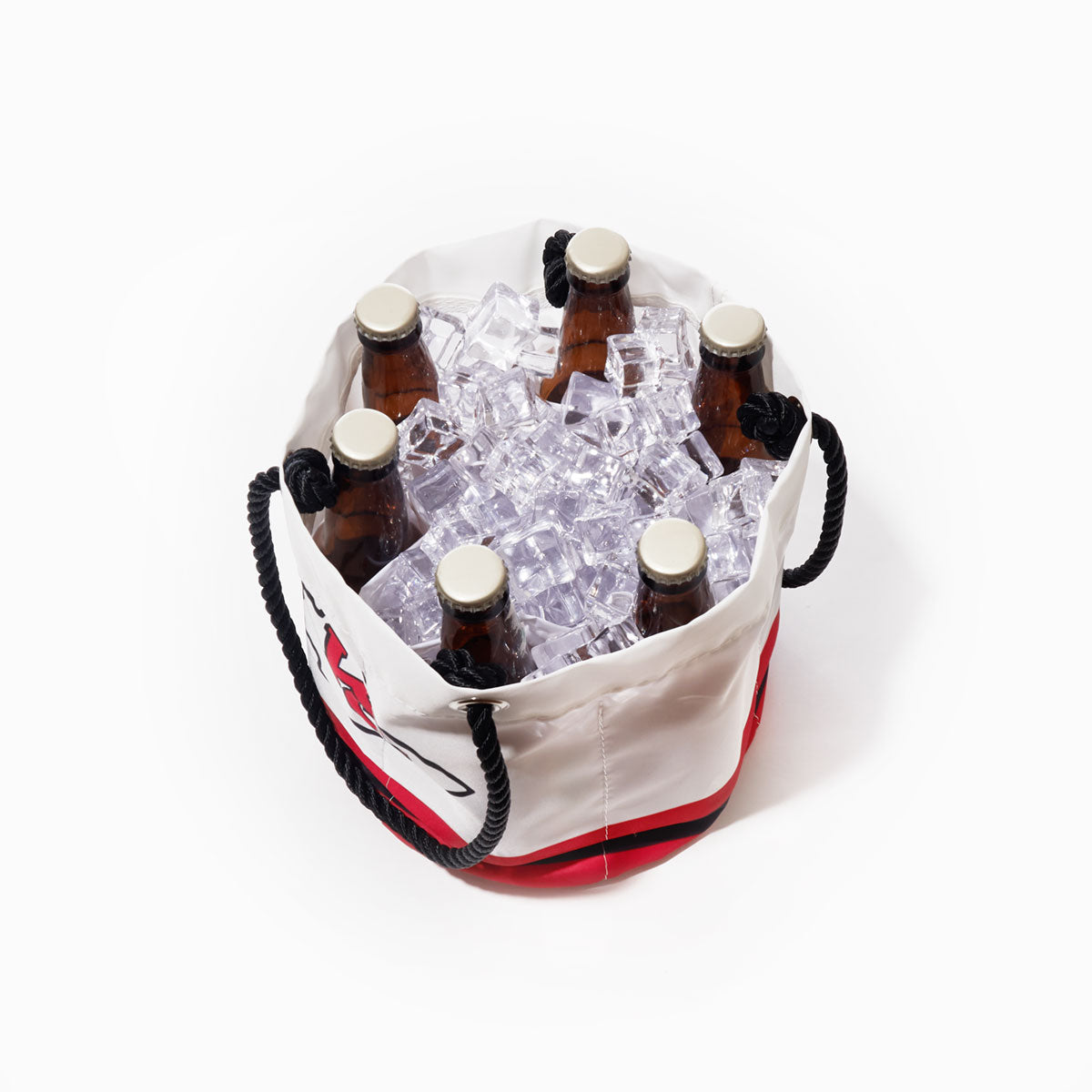 The Sea Bags Kansas City Chiefs Beverage Bucket is a round, sustainable cooler bag with black rope handles, designed to resemble a beverage bucket—with space for six brown glass bottles surrounded by clear ice cubes—making it the perfect addition for any Chiefs fan. by Sea Bags