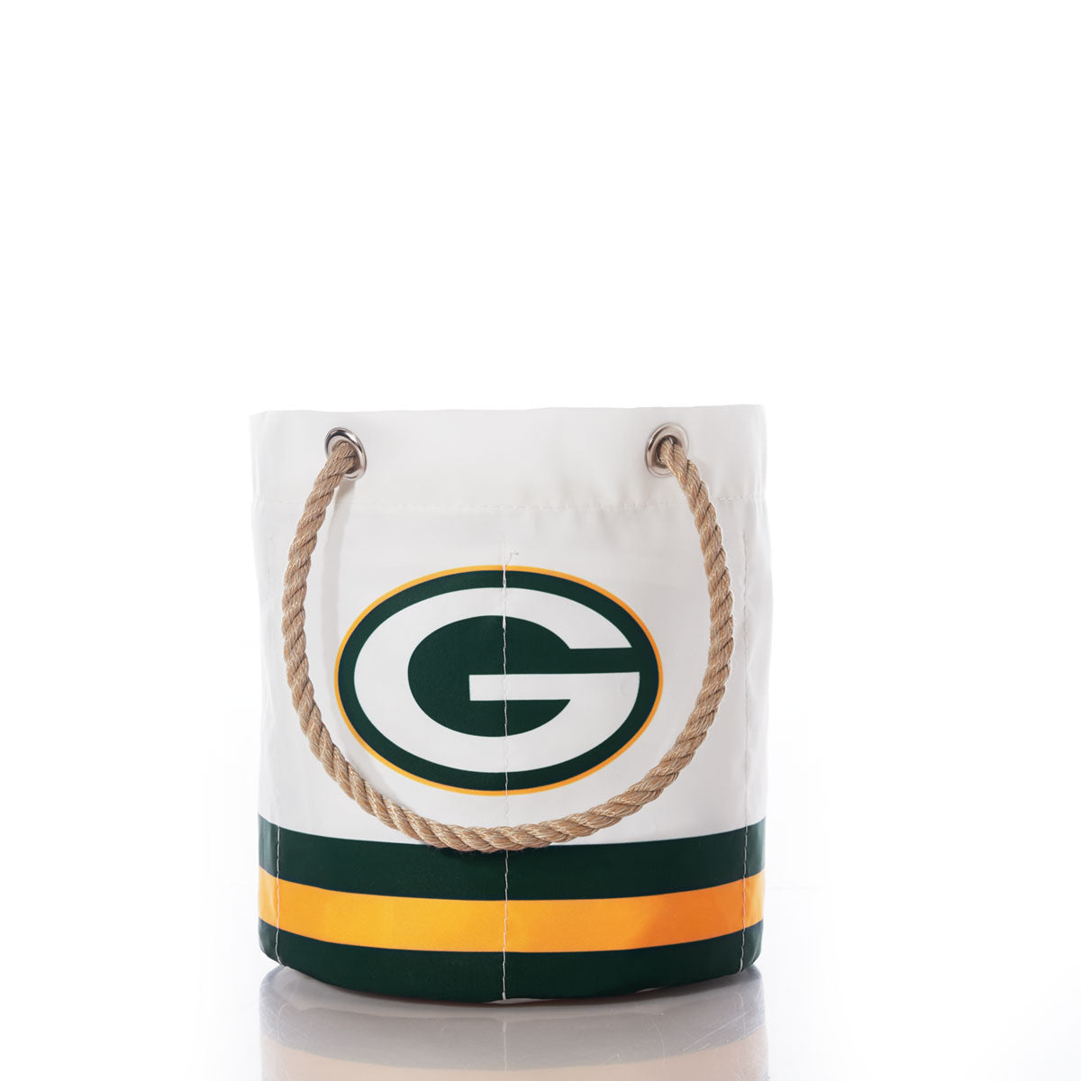 Introducing the Green Bay Packers Beverage Bucket by Sea Bags—a white bag with rope handles, adorned with green and gold stripes and a prominent G logo inspired by the iconic football team. This versatile and stylish accessory not only showcases your Packers pride but also doubles as a sustainable cooler or beverage bucket for your next game day gathering. by Sea Bags