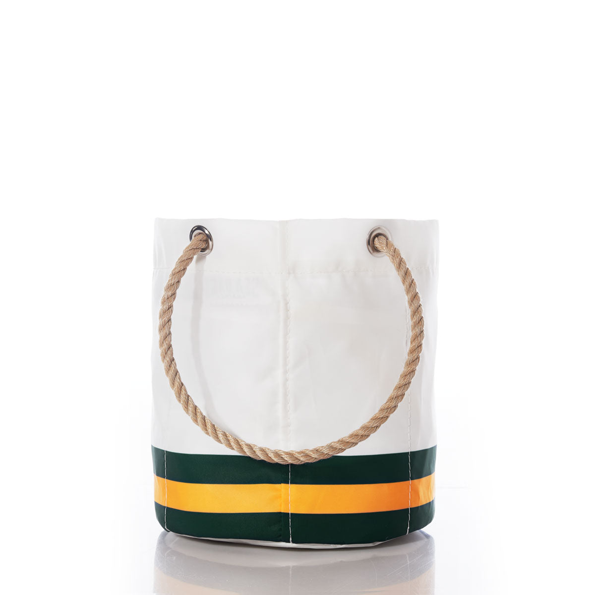 Sea Bags Green Bay Packers Beverage Bucket with green and yellow stripes at the bottom, featuring thick, twisted rope handles, displayed against a white background. by Sea Bags