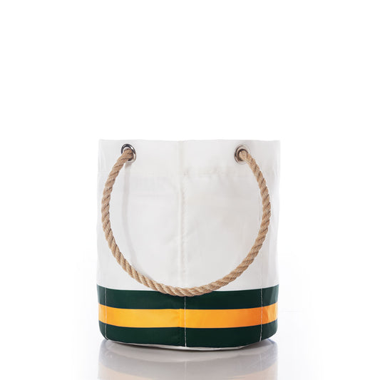 Sea Bags Green Bay Packers Beverage Bucket with green and yellow stripes at the bottom, featuring thick, twisted rope handles, displayed against a white background. by Sea Bags