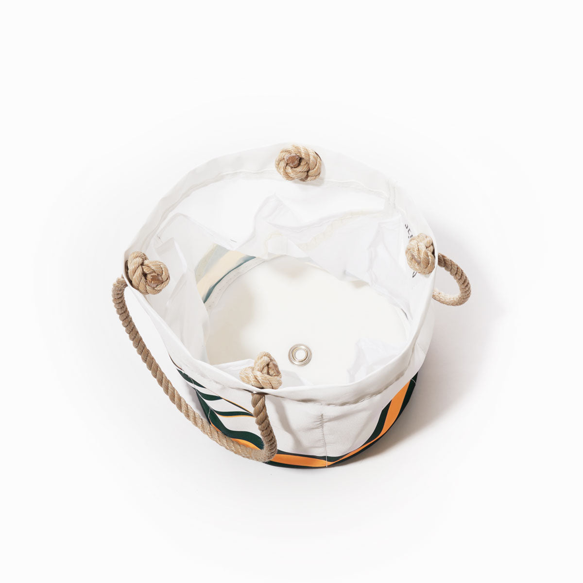 Round white Green Bay Packers Beverage Bucket by Sea Bags, featuring rope handles and beige knots around the rim—viewed from above on a white background—a sustainable cooler perfect for entertaining. by Sea Bags