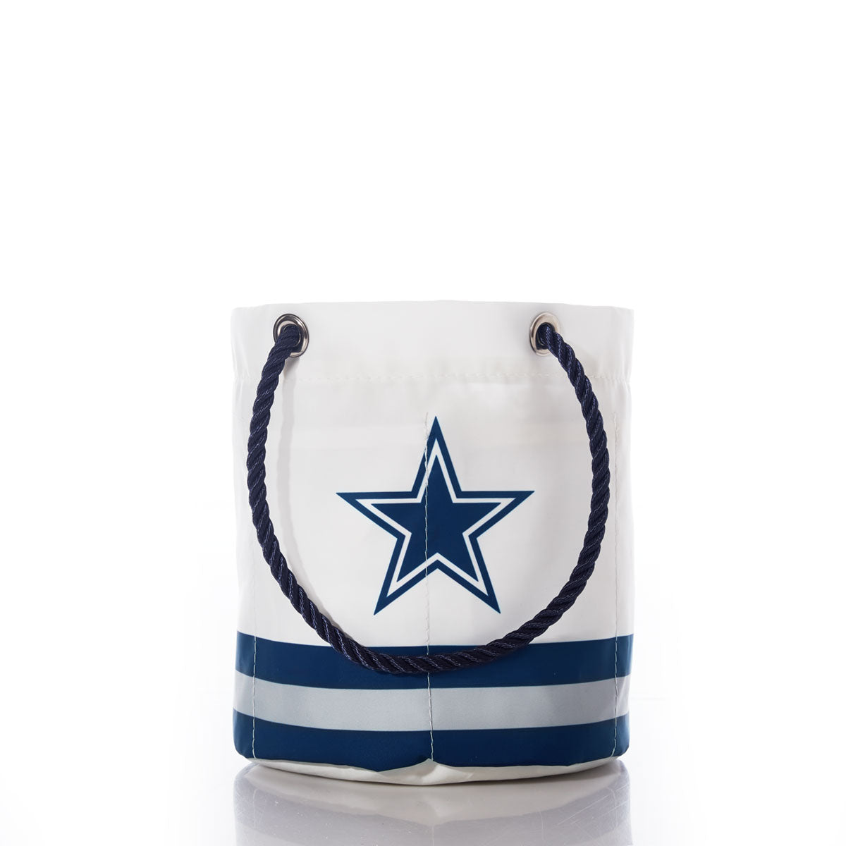 Dallas Cowboys Beverage Bucket by Sea Bags featuring white and blue stripes, a navy star logo inspired by the classic Dallas Cowboys look, and dark rope handles, displayed on a white background. by Sea Bags