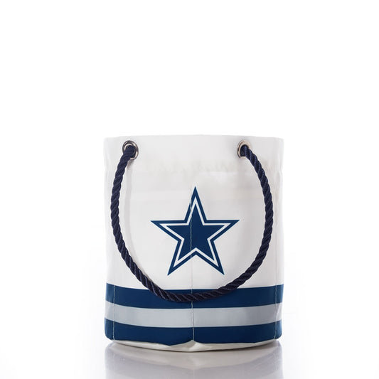 Dallas Cowboys Beverage Bucket by Sea Bags featuring white and blue stripes, a navy star logo inspired by the classic Dallas Cowboys look, and dark rope handles, displayed on a white background. by Sea Bags