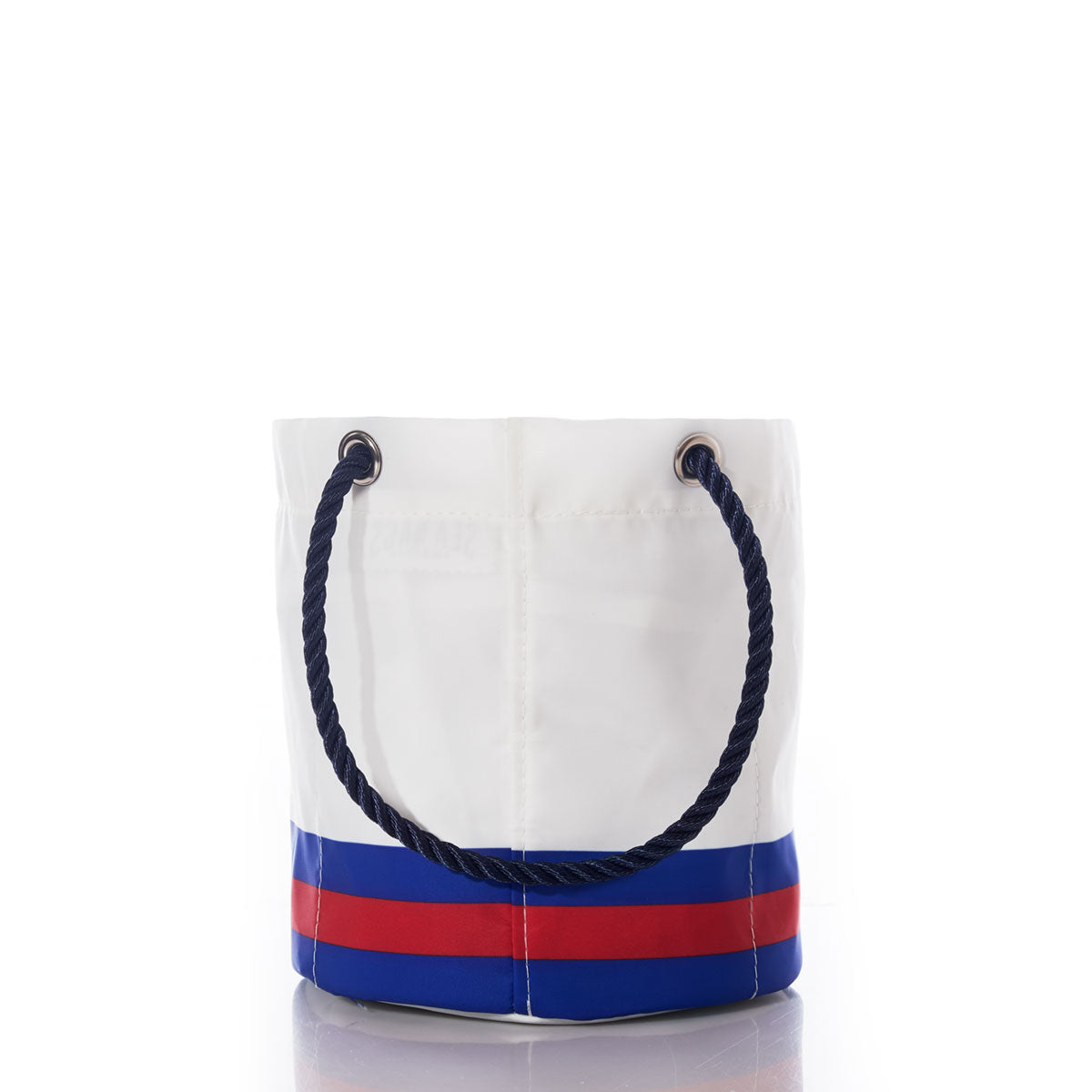 The Buffalo Bills Beverage Bucket by Sea Bags is a white, bucket-shaped bag featuring blue and red stripes at the base and a navy blue rope handle, displayed on a white background. Designed as a sustainable cooler, this versatile accessory keeps your beverages chilled while showcasing your team spirit in style. by Sea Bags