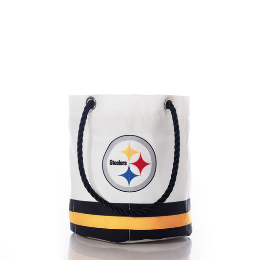 Sea Bags Pittsburgh Steelers Beverage Bucket with black rope handles, featuring the iconic Steelers logo and a bold black and yellow stripe near the bottom—a must-have Pittsburgh Steelers bucket for any fan. by Sea Bags
