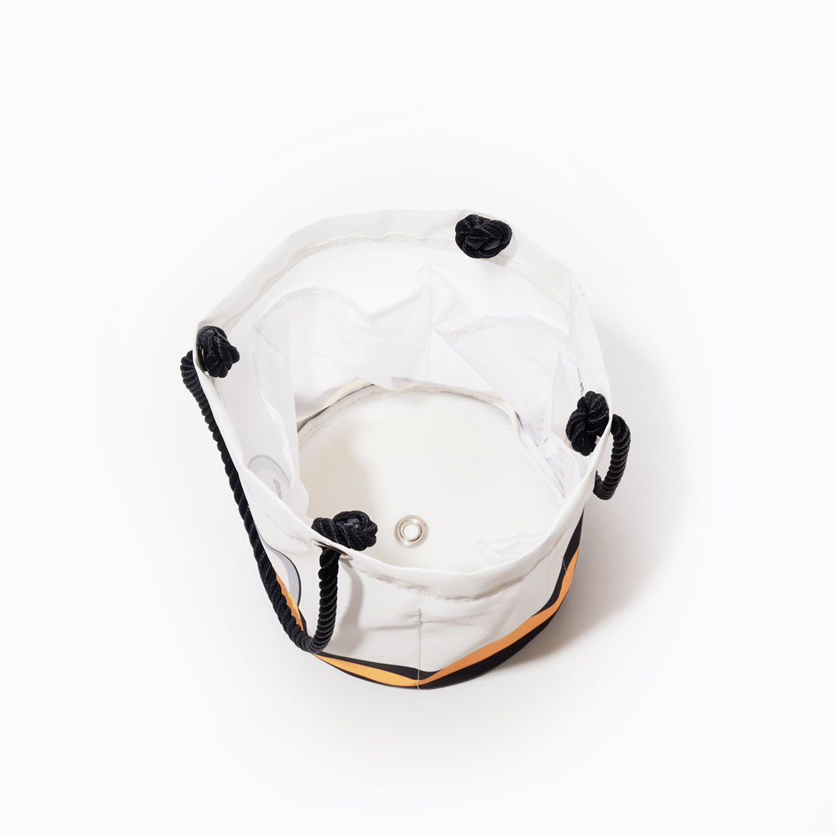 Top view of an empty white Pittsburgh Steelers Beverage Bucket by Sea Bags, featuring bucket-shaped design with black rope handles and black drawstring closures, set against a plain white background—perfect as a sustainable cooler or stylish beverage bucket for any occasion. by Sea Bags
