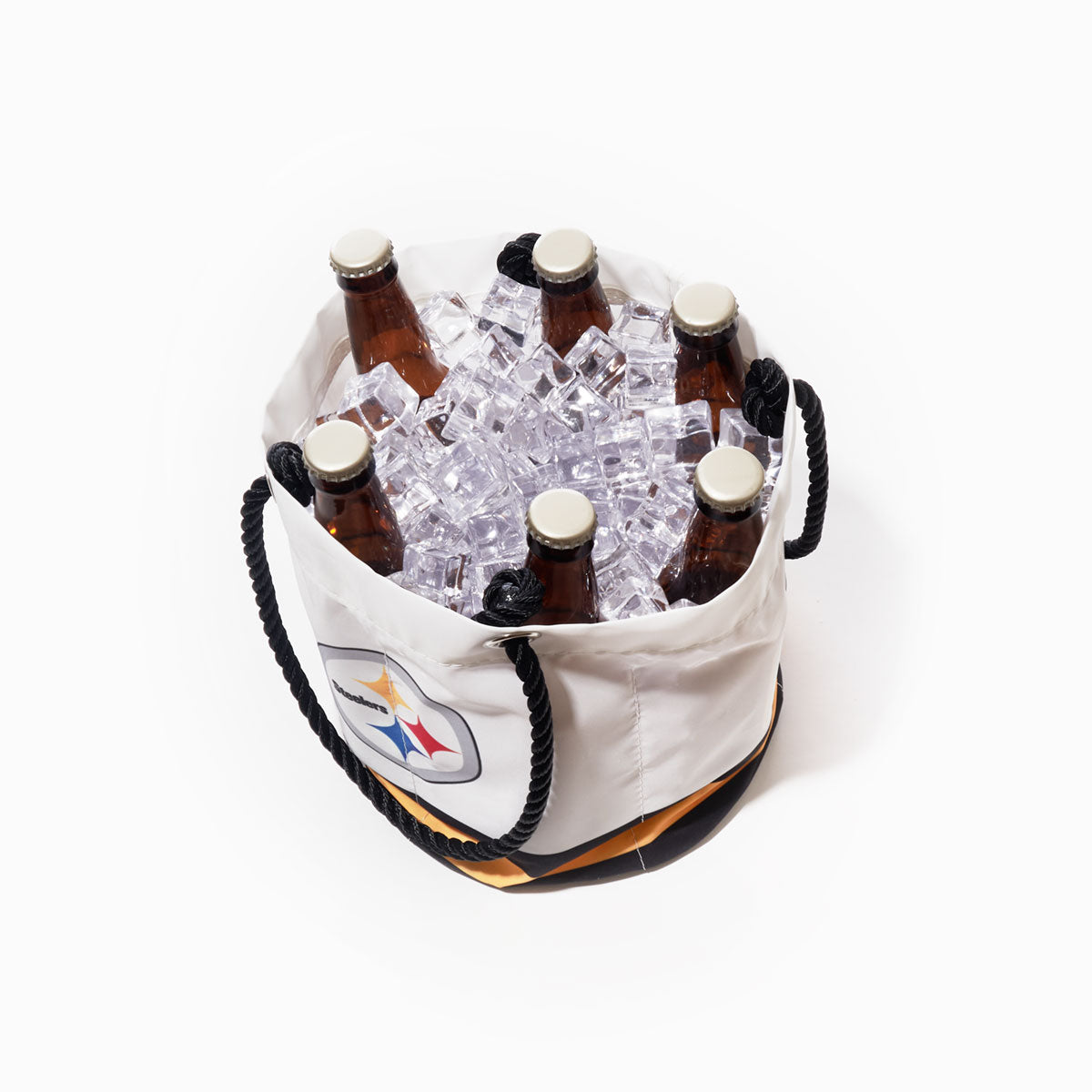 Six brown beer bottles in a Pittsburgh Steelers Beverage Bucket by Sea Bags, filled with ice cubes. The sustainable bucket features a black rope handle and displays a logo with yellow, red, and blue stars on the side. by Sea Bags