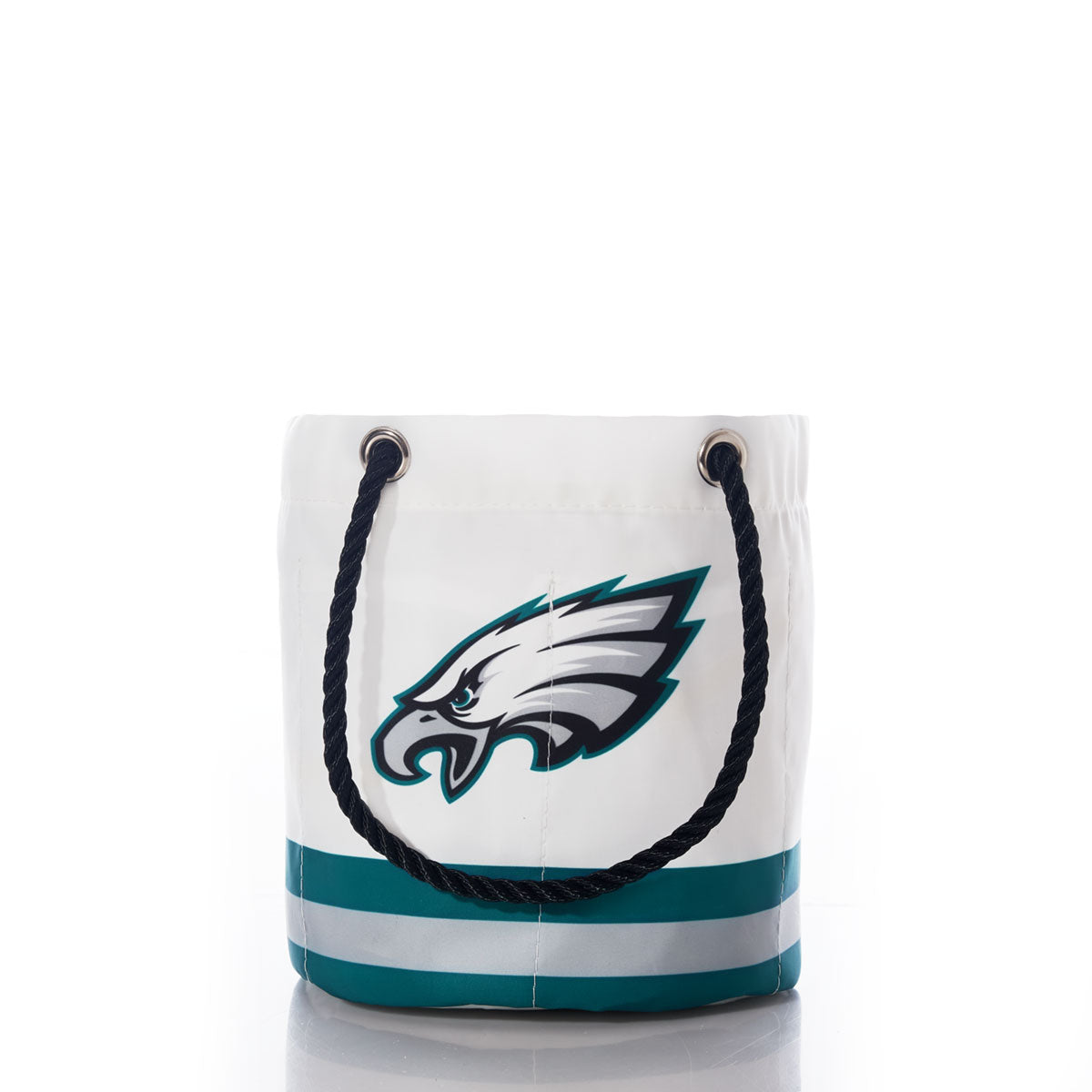 The Philadelphia Eagles Beverage Bucket by Sea Bags is crafted from recycled sail cloth and features a black rope handle, the Eagles logo on the front, and teal and gray stripes near the base—perfect for keeping drinks cool or serving as a stylish tailgate accessory. by Sea Bags