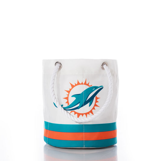 White beverage bucket with thick rope handles, featuring a teal and orange dolphin logo and stripes, set against a plain white background—this Miami Dolphins Beverage Bucket by Sea Bags is perfect for fans seeking both style and team spirit. by Sea Bags