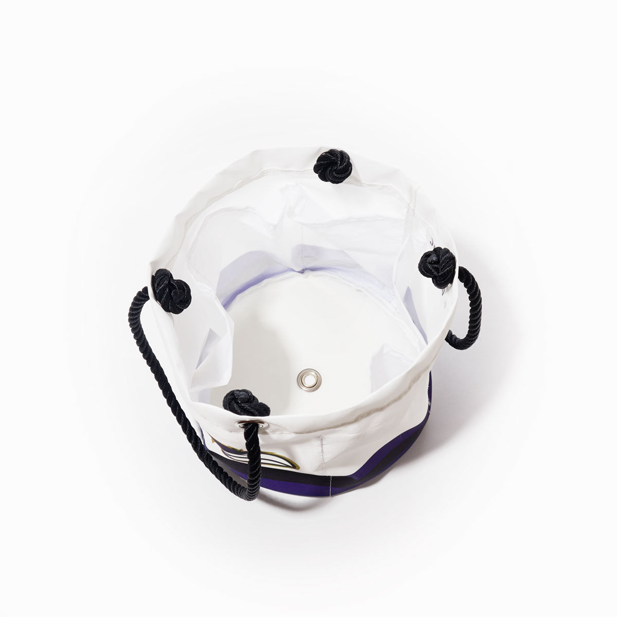 Top view of the Sea Bags Baltimore Ravens Beverage Bucket—an empty white fabric cooler featuring black rope handles with four black knots, a metal grommet at the base, and durable construction—perfect for sustainable beverage storage at your next outing. by Sea Bags