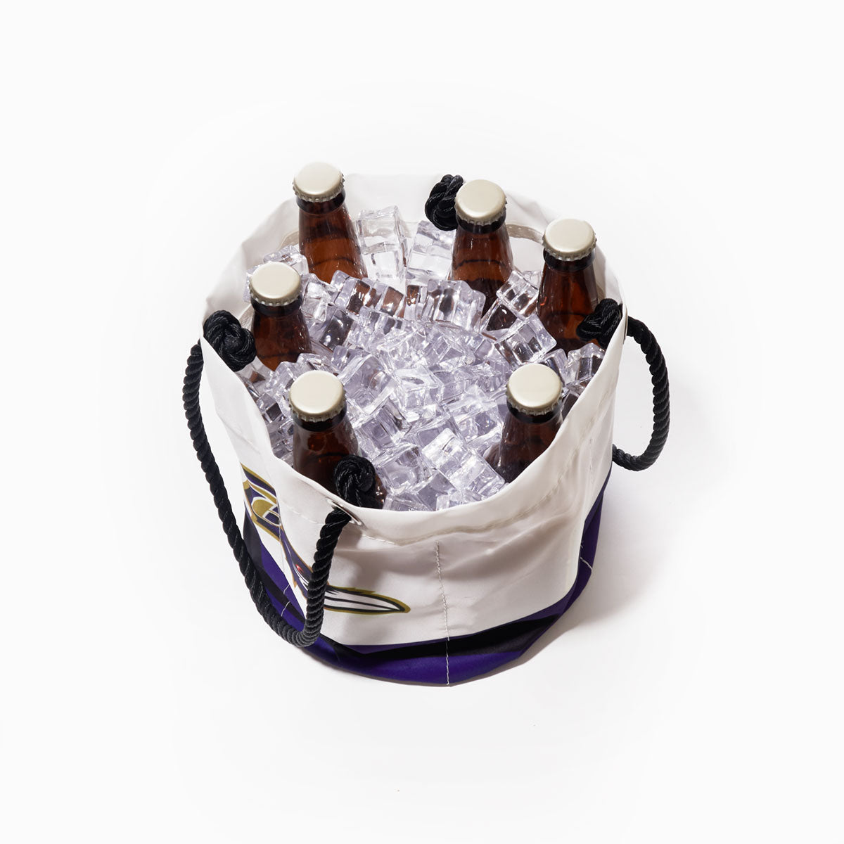 The Sea Bags Baltimore Ravens Beverage Bucket features black handles and holds several brown glass bottles and ice cubes on a white background, making it a stylish and sustainable cooler for your gatherings. by Sea Bags