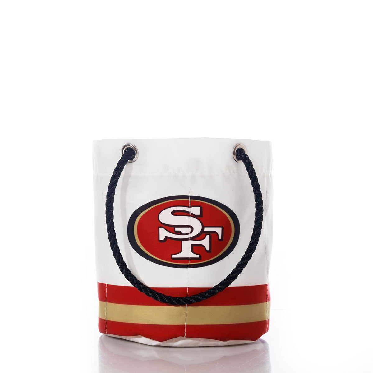 Sea Bags San Francisco 49ers Beverage Bucket—crafted from eco-friendly materials, this white bucket features sturdy black rope handles, the iconic 49ers logo, and bold red and gold stripes at the base for a stylish nod to sustainable design. by Sea Bags