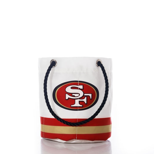 Sea Bags San Francisco 49ers Beverage Bucket—crafted from eco-friendly materials, this white bucket features sturdy black rope handles, the iconic 49ers logo, and bold red and gold stripes at the base for a stylish nod to sustainable design. by Sea Bags
