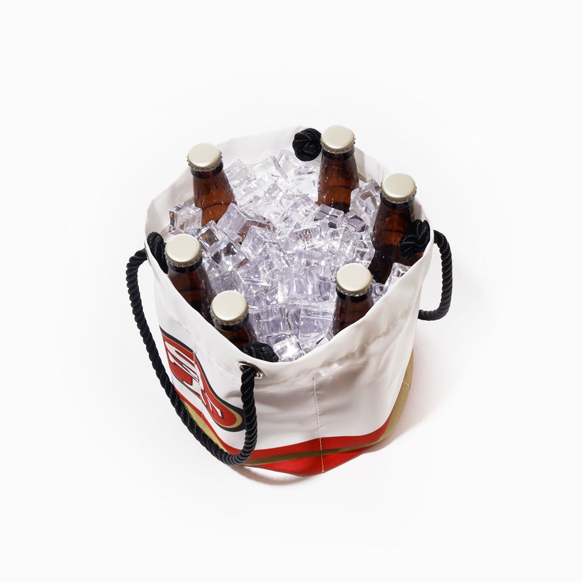 A Sea Bags San Francisco 49ers Beverage Bucket made from recycled sail cloth, featuring rope handles, holds six brown bottled drinks chilled in ice cubes against a plain white background. by Sea Bags