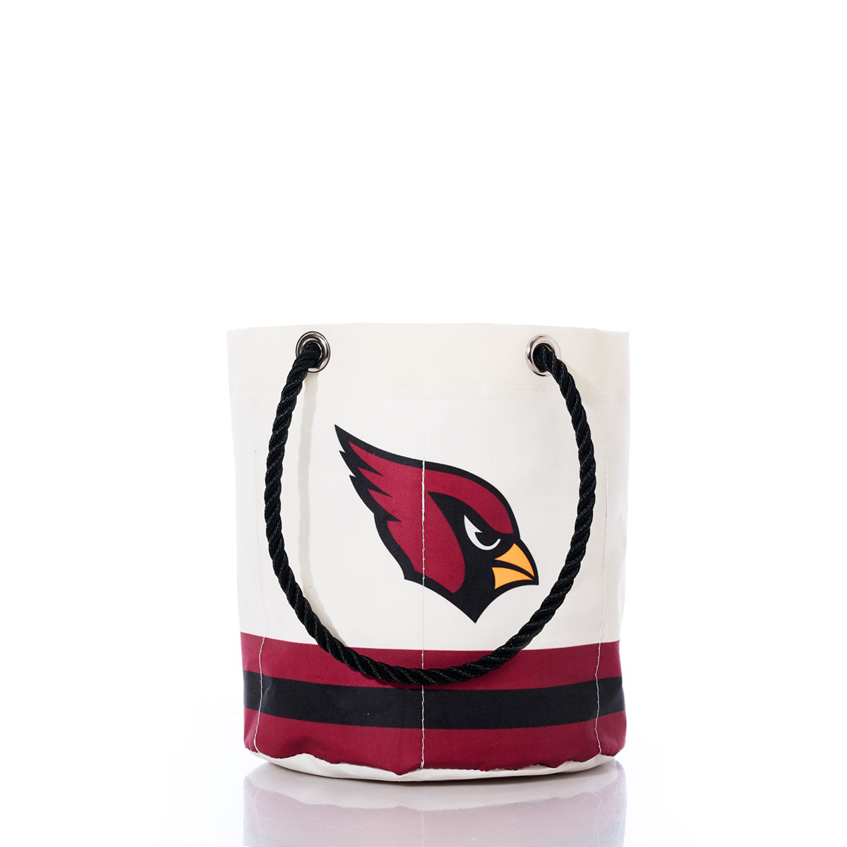 Show off your team spirit with this Sea Bags Arizona Cardinals Beverage Bucket bag—white with black rope handles, a bold red cardinal head logo, and striking maroon and black stripes near the base. Perfect for carrying your Arizona Cardinals Beverage Bucket or using as an NFL logo accessory at your next tailgate. by Sea Bags