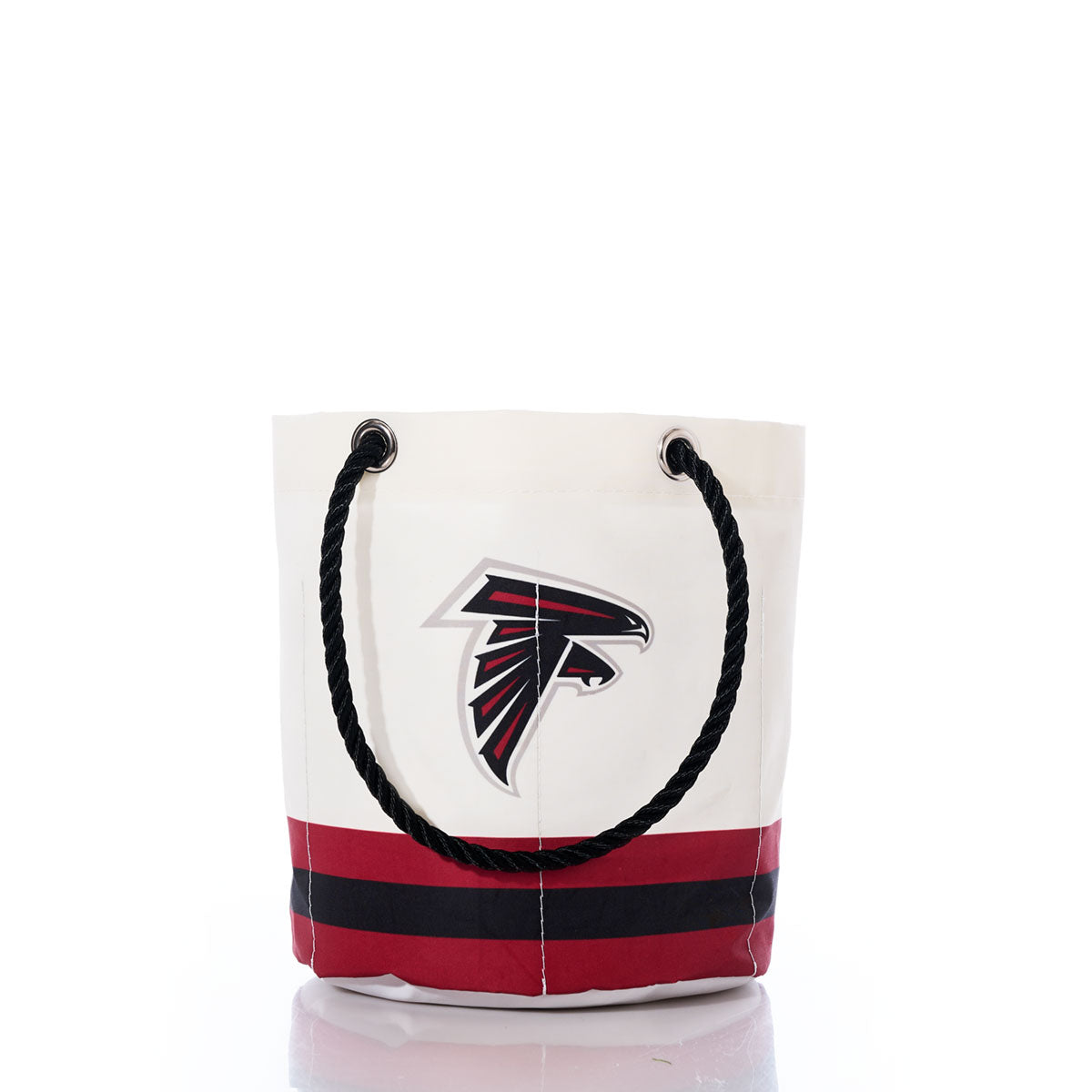 Sea Bags Atlanta Falcons Beverage Bucket crafted from recycled sail cloth features sturdy black rope handles and the Atlanta Falcons logo on the front—an eco-friendly beverage bucket that blends style and team spirit. by Sea Bags