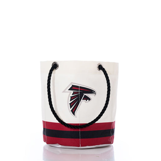 Sea Bags Atlanta Falcons Beverage Bucket crafted from recycled sail cloth features sturdy black rope handles and the Atlanta Falcons logo on the front—an eco-friendly beverage bucket that blends style and team spirit. by Sea Bags
