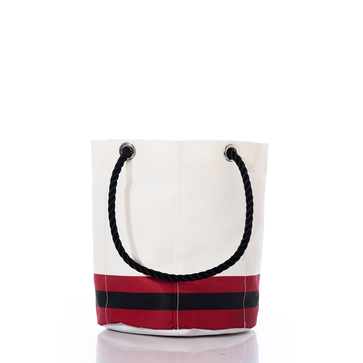 Atlanta Falcons Beverage Bucket by Sea Bags, crafted from recycled sail cloth, featuring sturdy black rope handles and bold red and black horizontal stripes at the base, displayed on a white background. by Sea Bags
