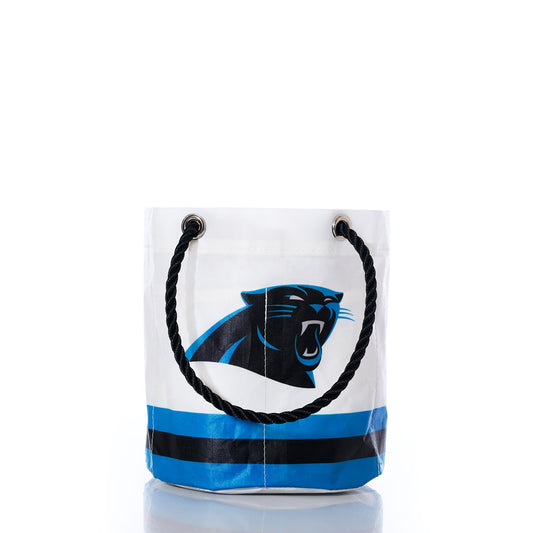 Introducing the Carolina Panthers Beverage Bucket by Sea Bags—crafted from recycled sail cloth, this white bucket bag features sturdy black rope handles, horizontal blue and black stripes near the bottom, and a striking blue and black panther logo. A sustainable and stylish accessory for any Panthers fan. by Sea Bags