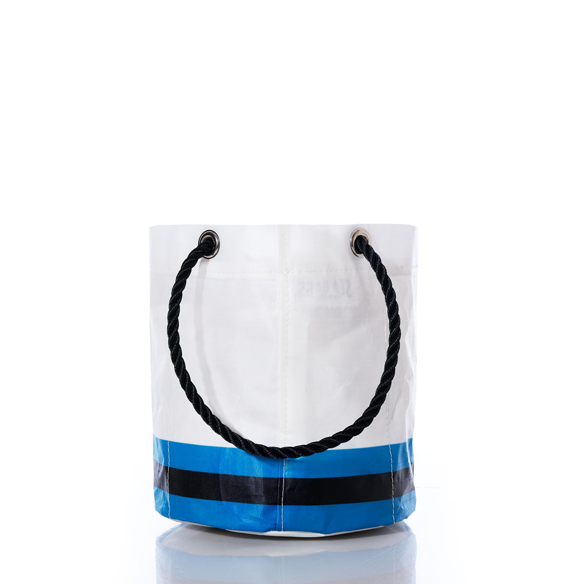 Introducing the Carolina Panthers Beverage Bucket by Sea Bags—a white, bucket-style cooler crafted from recycled sail cloth for eco-friendly style. Featuring black rope handles and bold blue-and-black horizontal stripes near the base, it’s a sporty and sustainable choice for fans, showcased here on a crisp white background. by Sea Bags