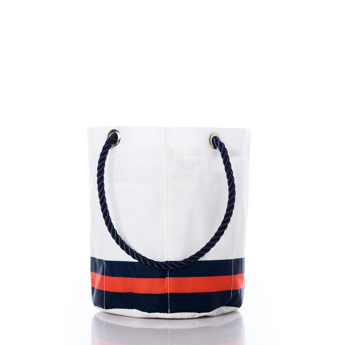 Sea Bags Chicago Bears Beverage Bucket—crafted from recycled sail cloth—is a white, bucket-style bag featuring dark blue rope handles and horizontal navy and orange stripes near the bottom, reminiscent of a Chicago Bears cooler, photographed on a white background. by Sea Bags