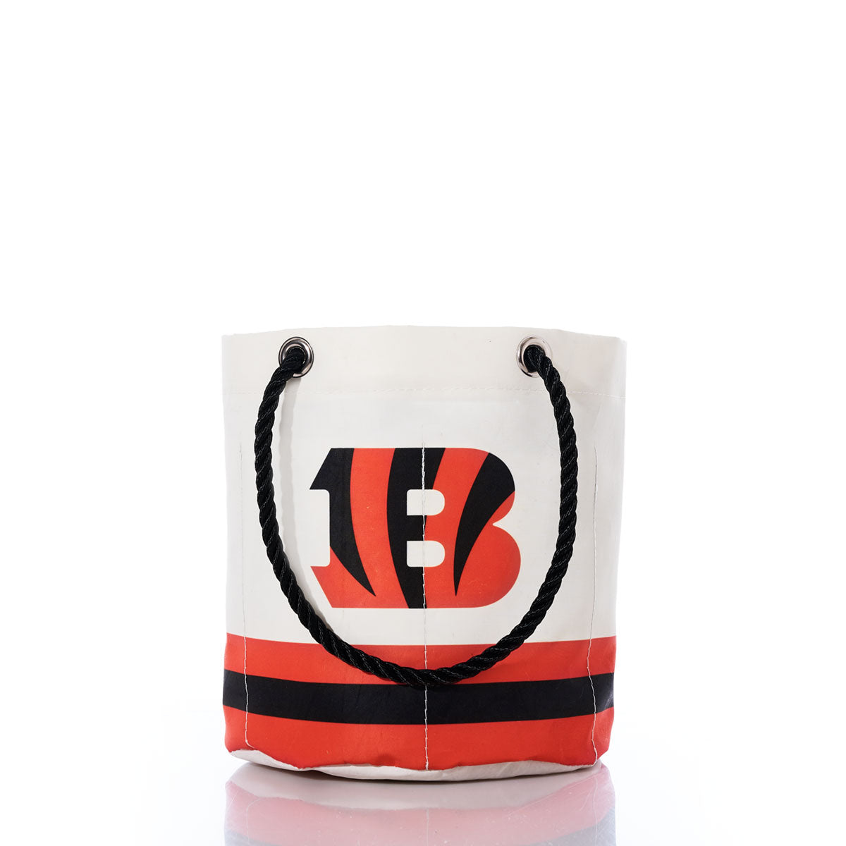 Introducing the Cincinnati Bengals Beverage Bucket by Sea Bags—a white canvas bucket with black rope handles, featuring a bold red and black B logo and stripes at the bottom, perfect for keeping your drinks cold while you cheer on the Bengals. by Sea Bags