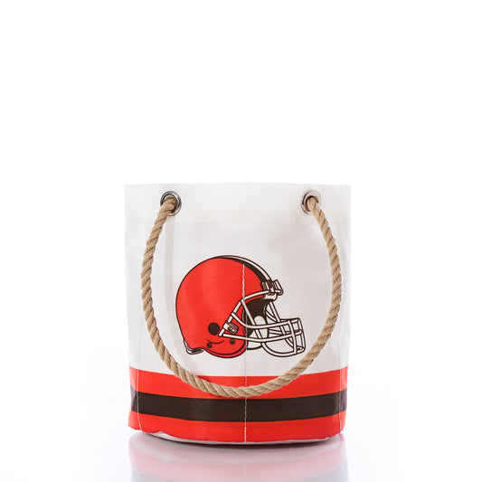 Sea Bags Cleveland Browns Beverage Bucket with rope handles, featuring an orange football helmet graphic and horizontal orange and brown stripes near the bottom—crafted in a style reminiscent of a classic sail cloth cooler. by Sea Bags