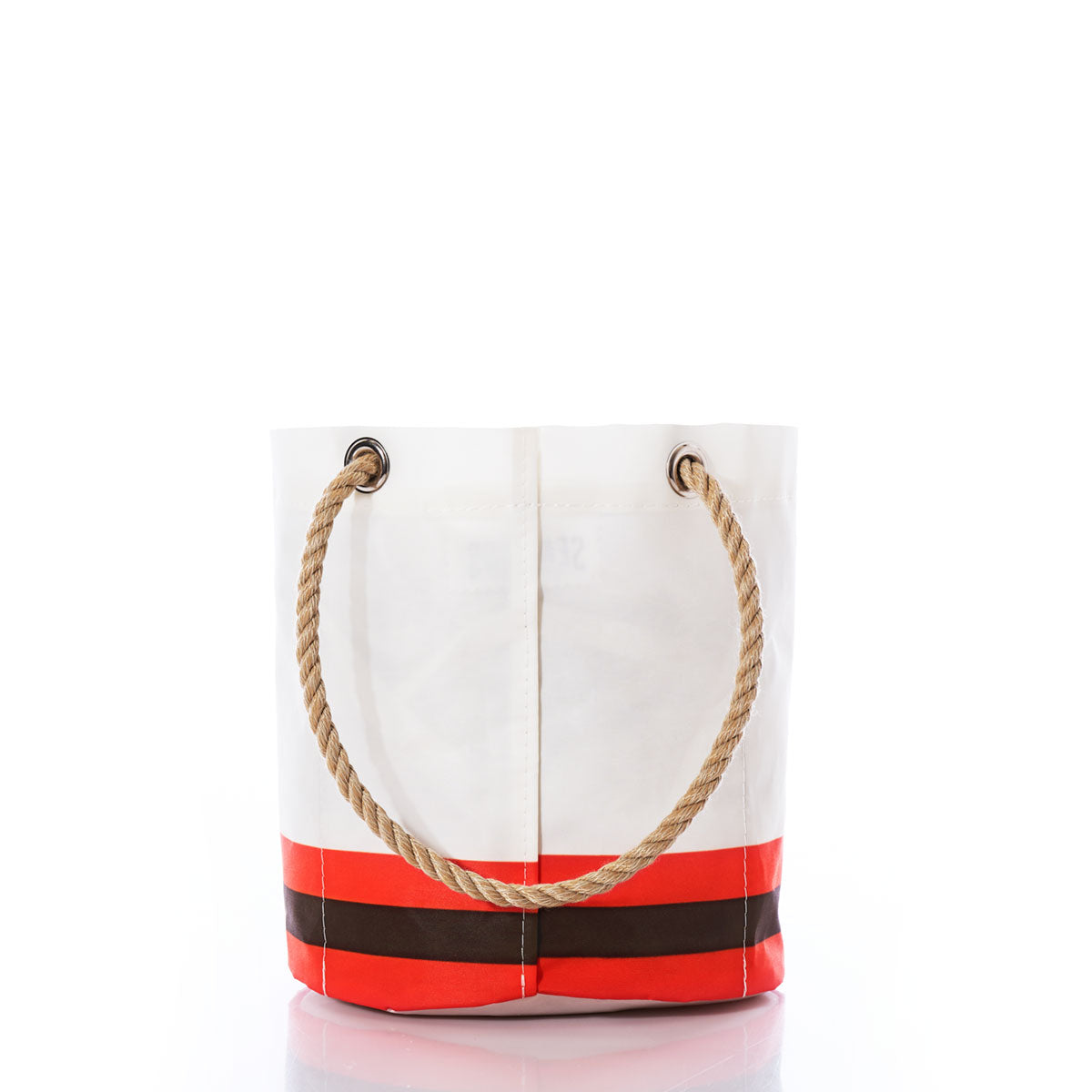 Introducing the Cleveland Browns Beverage Bucket by Sea Bags—a white canvas tote featuring durable rope handles and accented with red and brown horizontal stripes near the bottom, inspired by classic Browns style. Photographed on a white background. by Sea Bags